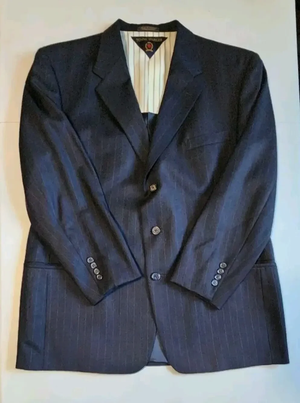 Vintage Tommy Hilfiger Men's Wool Sport Coat Navy Stripe Suit Jacket Made in USA
